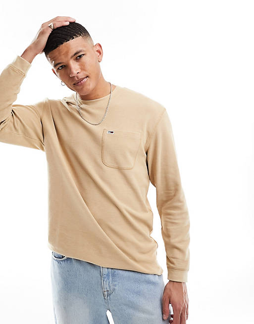 Tommy Jeans relaxed waffle knit long sleeve t-shirt in sand | ASOS