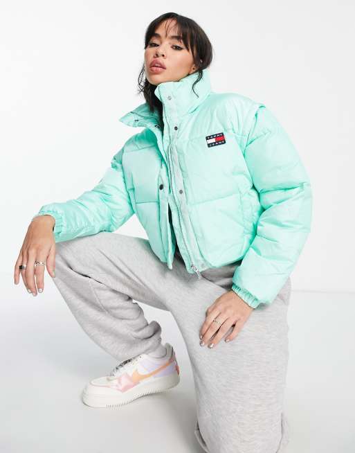 Tommy Jeans removable sleeve crop puffer jacket in green