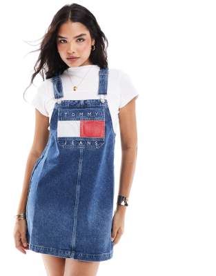 retro flag denim overalls dress in mid wash-Blue