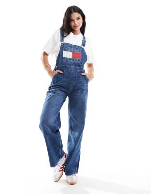 retro flag denim overalls in mid wash-Blue