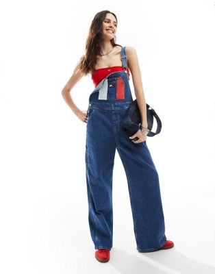 Tommy Jeans retro flag dungarees in mid wash Sale