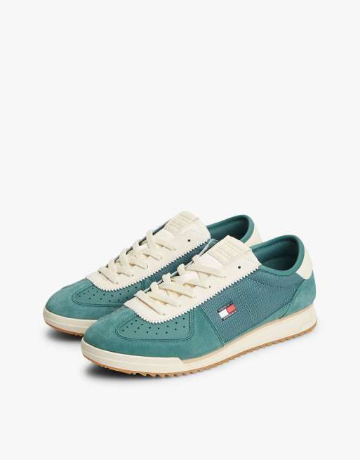 Tommy Jeans Retro leather mixed texture serrated trainers in blue green, 2 of 7