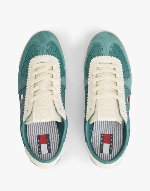 Tommy Jeans Retro leather mixed texture serrated trainers in blue green, 3 of 7