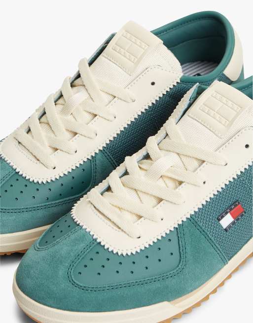 Tommy Jeans Retro leather mixed texture serrated trainers in blue green, 6 of 7