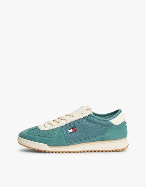 Tommy Jeans Retro leather mixed texture serrated trainers in blue green, 7 of 7
