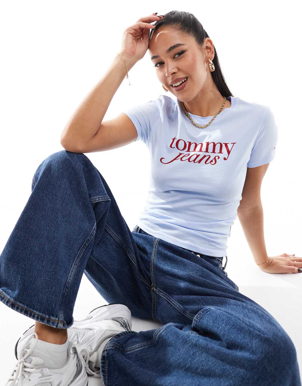 Tommy Jeans retro script baby t-shirt in blue and red