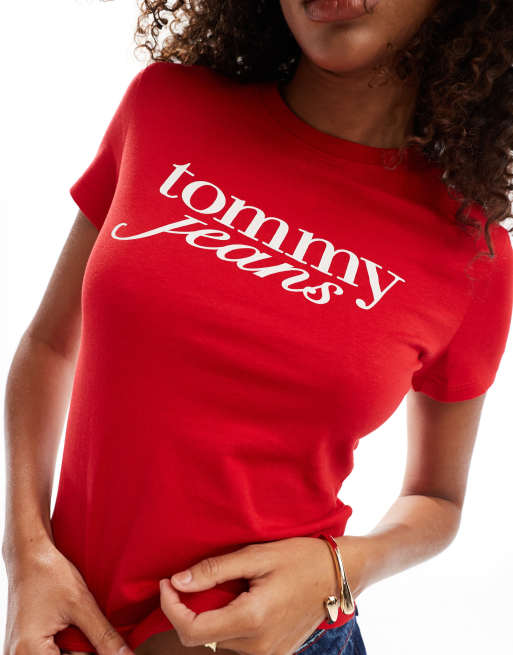 Tommy Jeans retro script baby t-shirt in red and white, 3 of 4