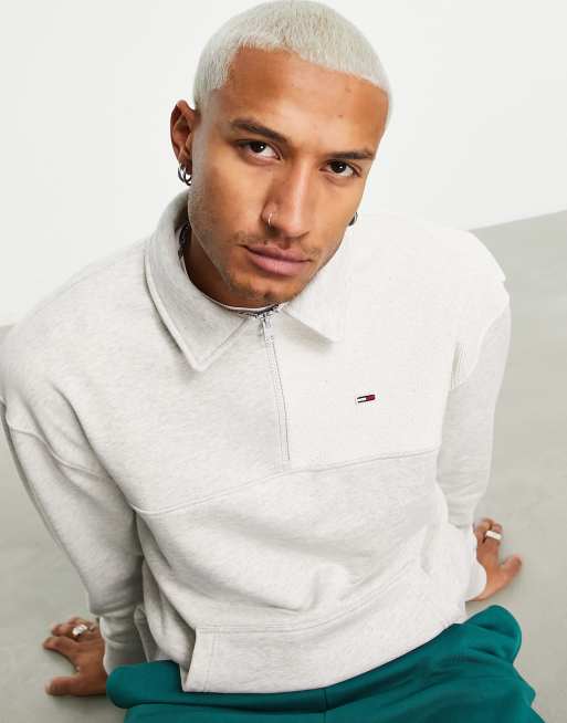 Tommy Jeans reverse panel half-zip relaxed fit rugby sweatshirt in grey ...