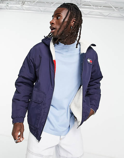 Tommy Jeans reversible icon flag sherpa & nylon hooded jacket in off white/  navy | ASOS