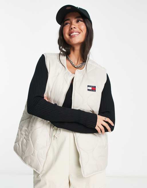 Tommy Jeans reversible quilted vest in green and cream