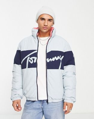 Tommy Jeans reversible signature colourblock logo puffer jacket in blue/pink