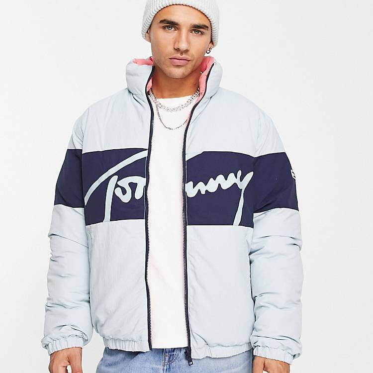 Tommy Jeans reversible signature colourblock logo puffer jacket in  blue/pink | ASOS