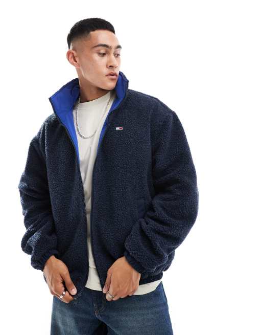 Tommy Jeans reversible teddy jacket in blue colourblock