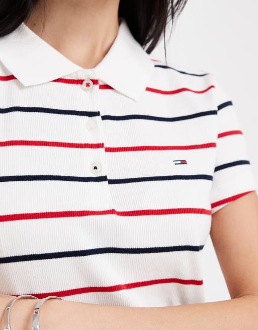 Tommy Jeans rib bodycon polo dress in navy/red stripe, 3 of 4