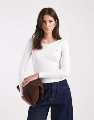 Tommy Jeans Rib Henley Long Sleeve Top In White