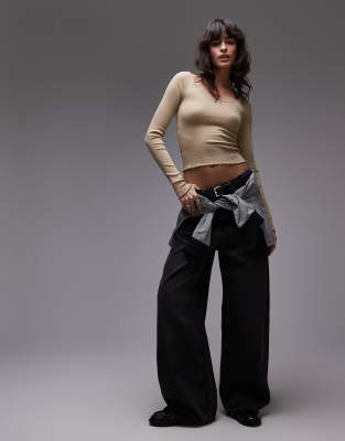 Tommy Jeans Rib Knit Lettuce Hem Long Sleeve Top In Neutral