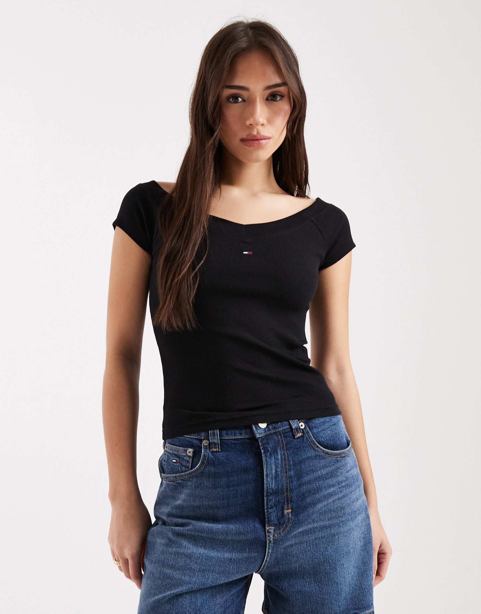 tommy jeans rib knit off the shoulder top in black