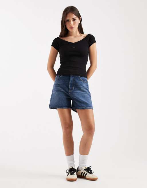 Tommy Jeans rib knit off the shoulder top in black, 4 of 4