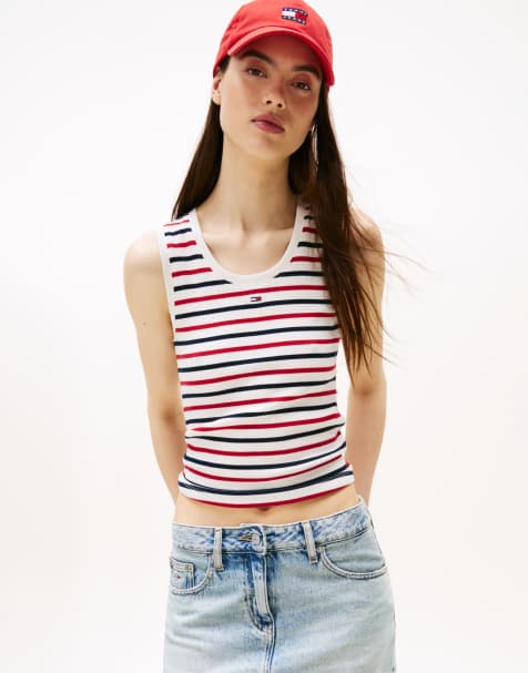 Tommy Jeans rib logo tank top in red and blue stripe - view 1
