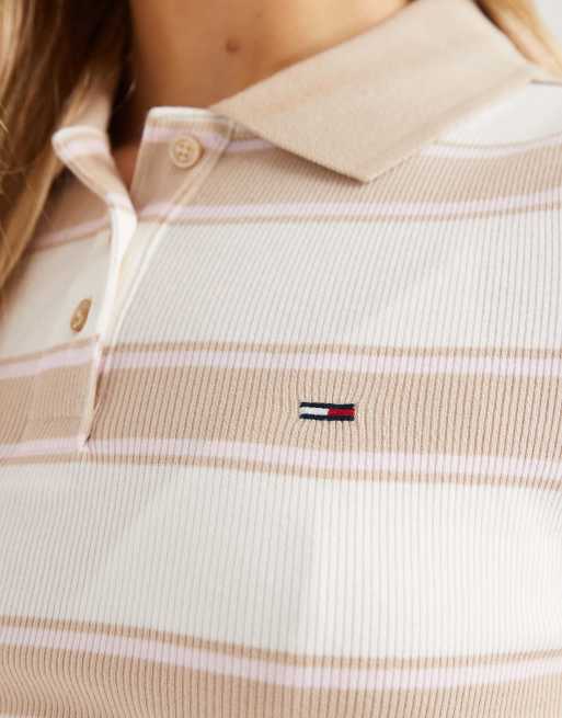 Tommy Jeans rib slim fit polo shirt in beige stripe, 2 of 4