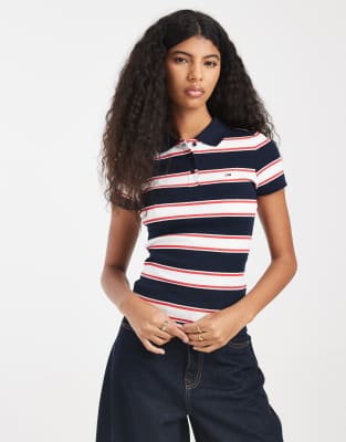 Tommy Jeans rib slim fit polo shirt in navy stripe dark navy stripe 15490₽