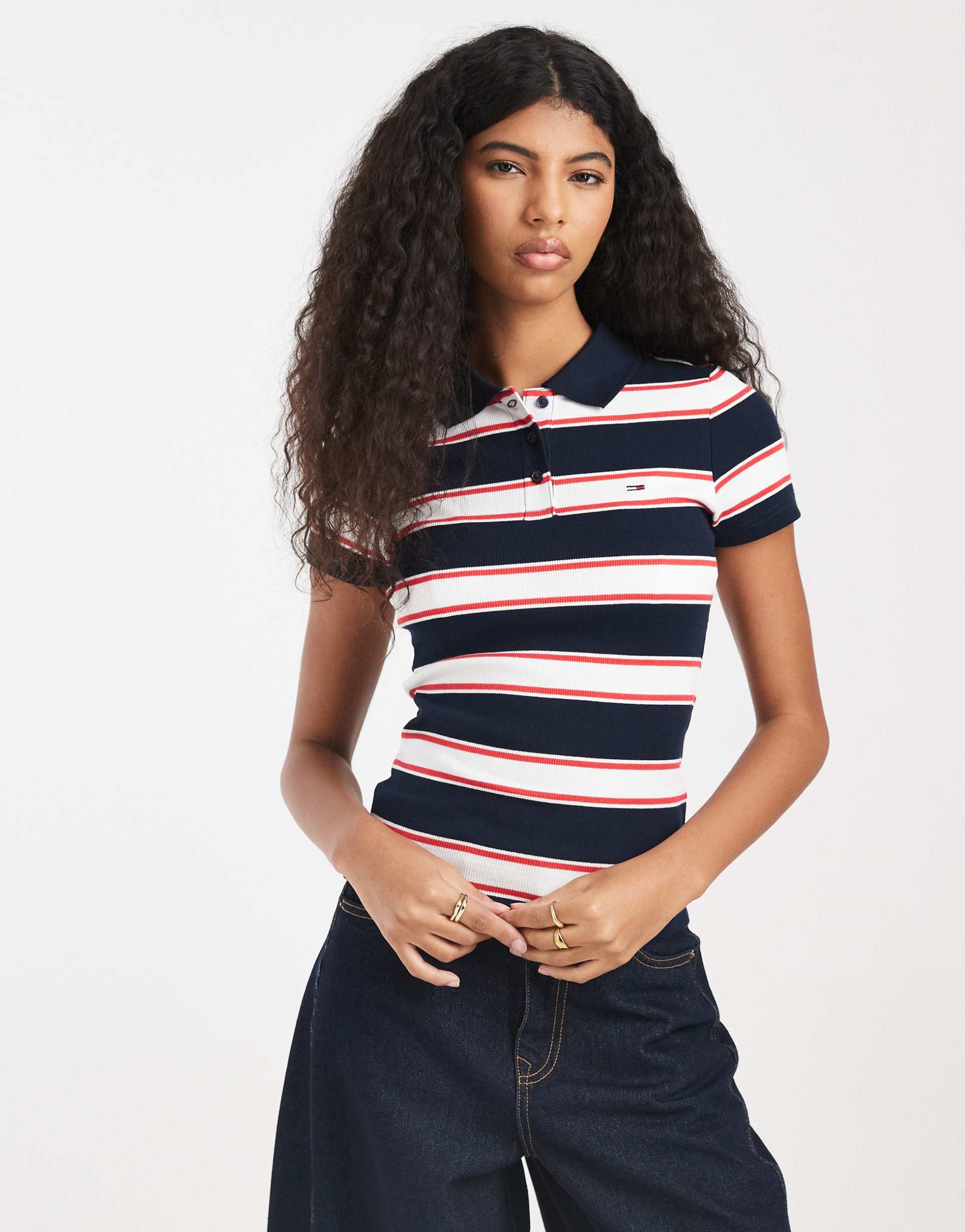 tommy jeans rib slim fit polo shirt in navy stripe