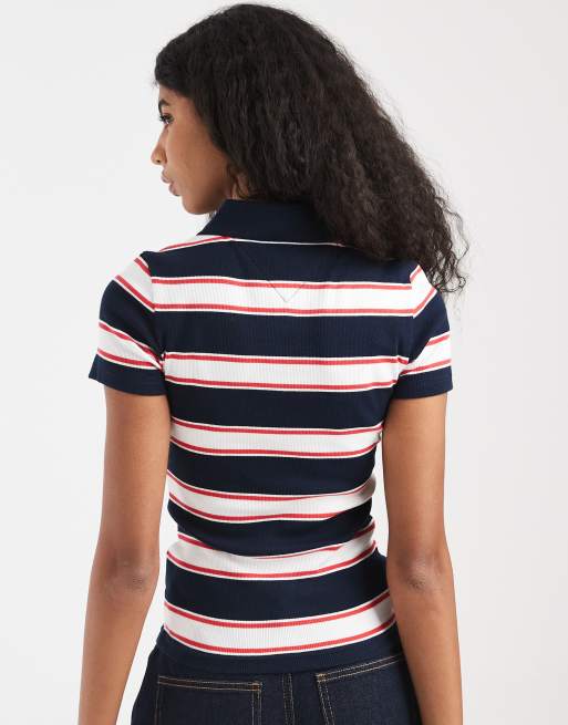 Tommy Jeans rib slim fit polo shirt in navy stripe, 3 of 4