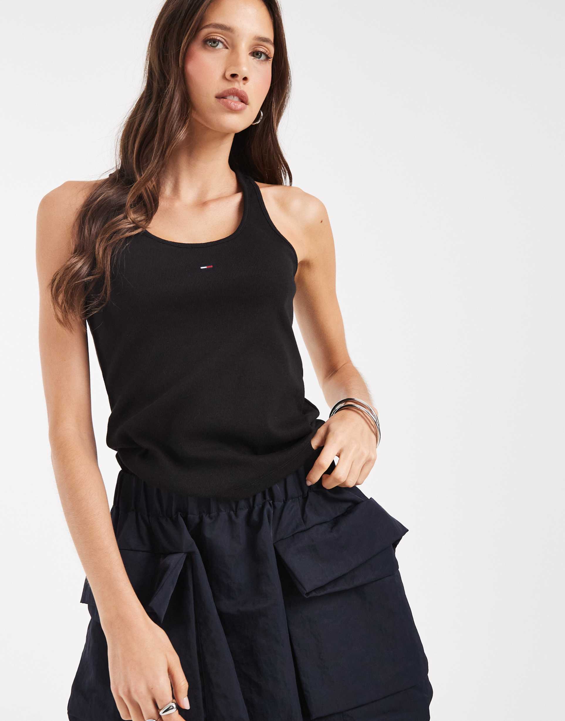 tommy jeans rib slim fit tank top with racer back in black