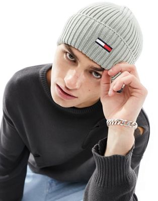 Shop Tommy Jeans Ribbed Flag Logo Beanie In Gray