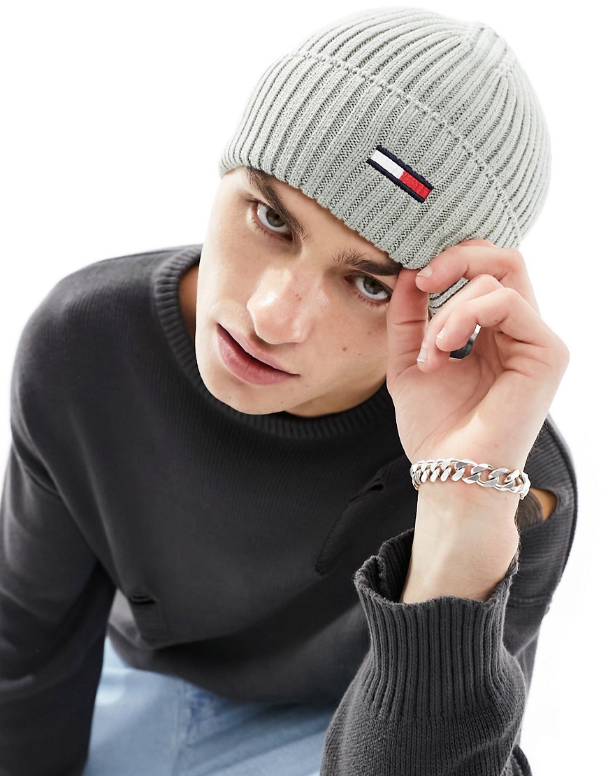 Tommy Jeans ribbed flag logo beanie in grey