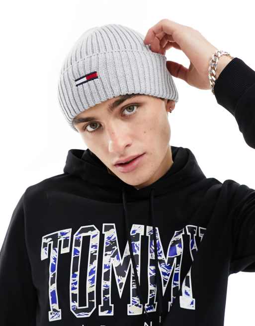 Tommy Jeans ribbed flag logo beanie in light grey