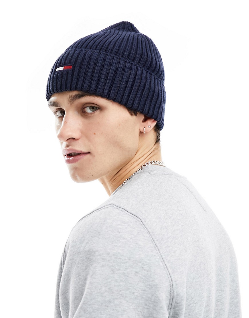 Tommy Jeans Ribbed Flag Logo Beanie In Navy In Black