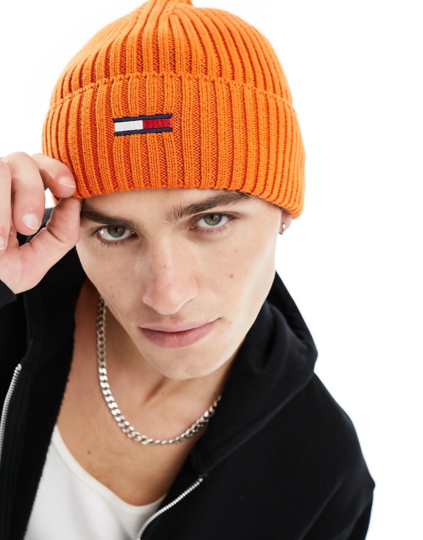 Tommy Jeans ribbed flag logo beanie in orange-Neutral