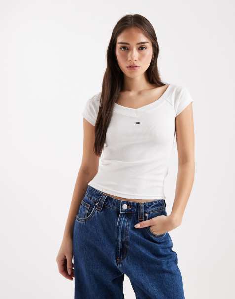 Tommy Jeans ribbed off-shoulder top in white - view 1