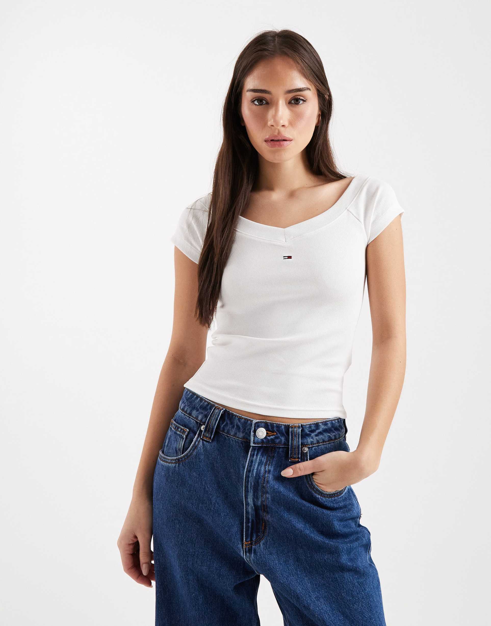 tommy jeans ribbed off-shoulder top in white