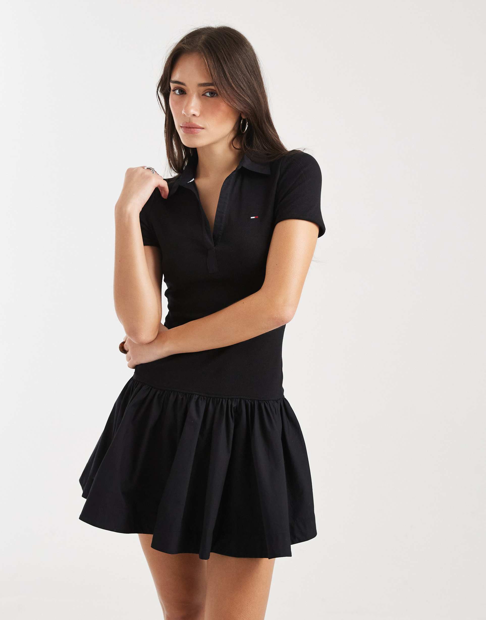 tommy jeans ribbed poplin polo dress in black