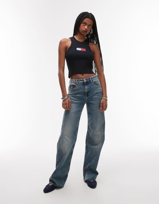 Tommy Jeans ribbed racer neck tank top in black, 2 of 4