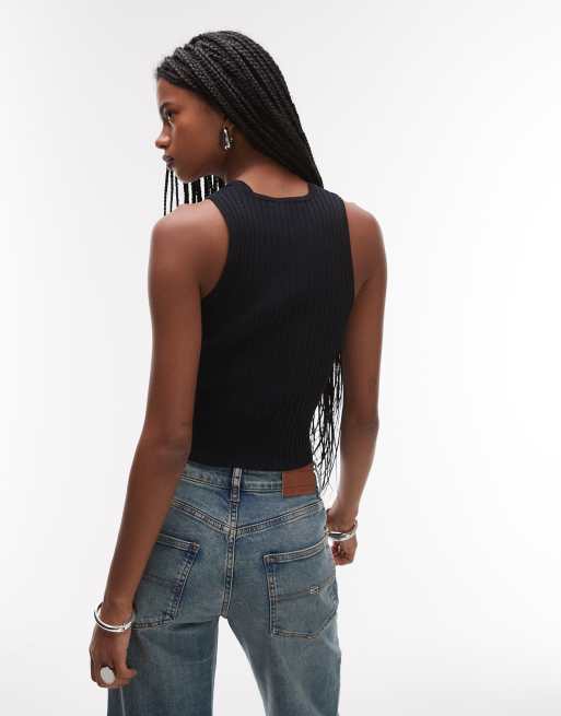 Tommy Jeans ribbed racer neck tank top in black, 4 of 4