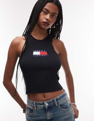 Tommy Jeans ribbed racer tank top in black