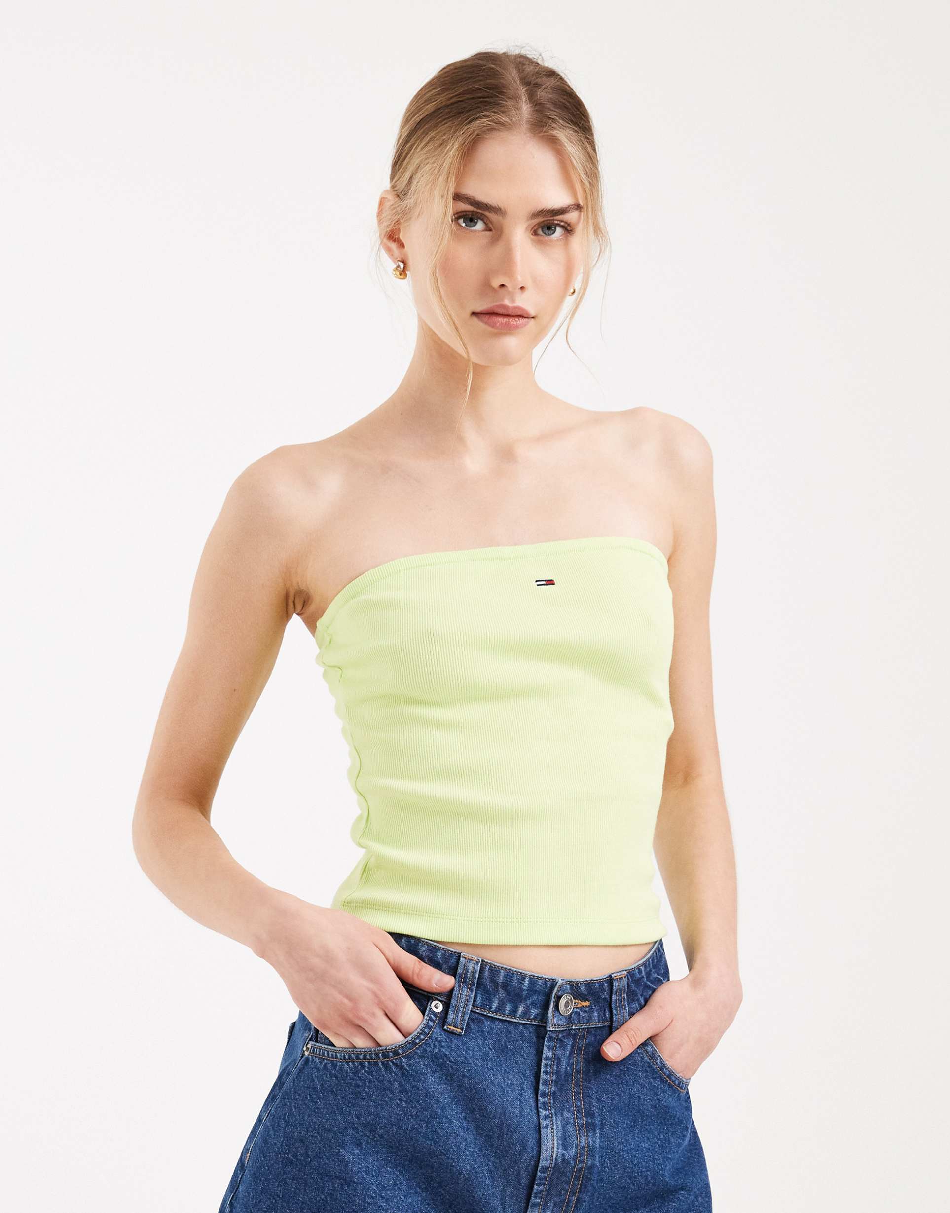 tommy jeans ribbed slim fit bandeau top in lime green
