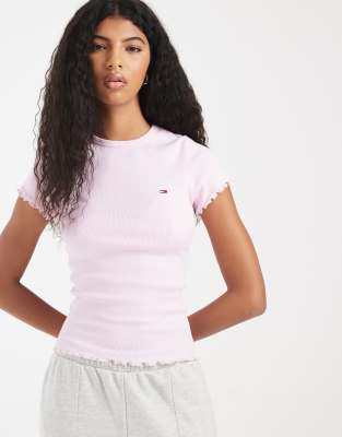 Tommy Jeans Ribbed Slim Fit T-shirt With Lettuce Edge Detail In Pink