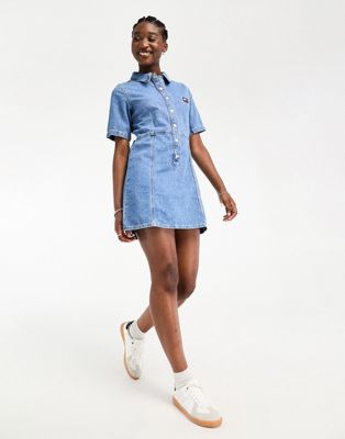 Tommy Jeans fitted button up denim mini dress in medium wash - ASOS Price Checker