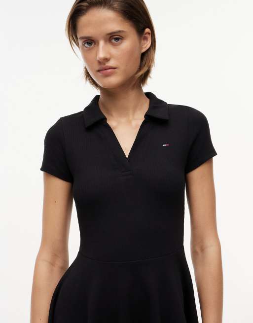 Tommy Jeans robe polo courte côtelée ajustée et évasée noire, 3 de 6