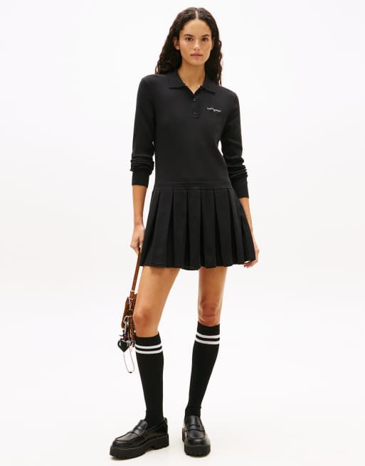 Tommy Jeans - Robe-pull mi-longue plissée à logo brodé - Noir