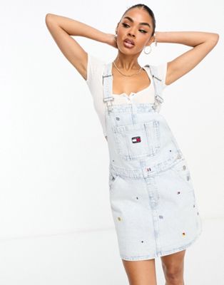 Tommy Jeans dungaree mini dress in light wash - ASOS Price Checker