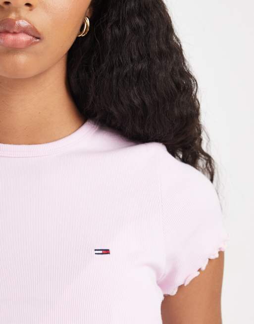 Tommy Jeans – Rosa ribbad t-shirt med smal passform och rullfåll, 4 av 4