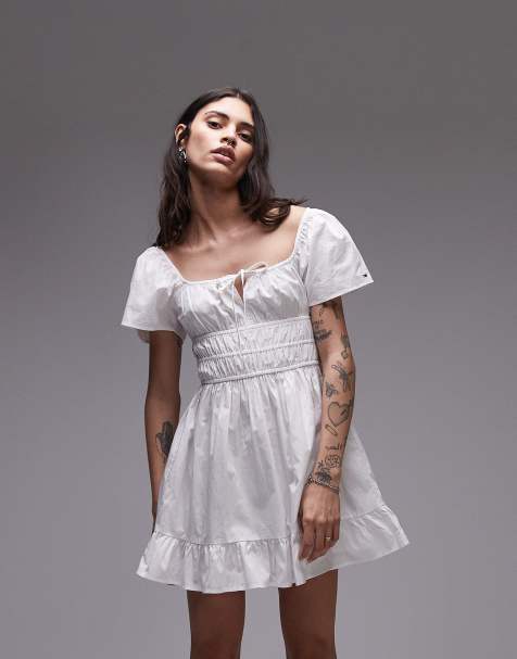 Tommy Jeans - Rouche - Ecrufarvet midikjole i poplin - view 1