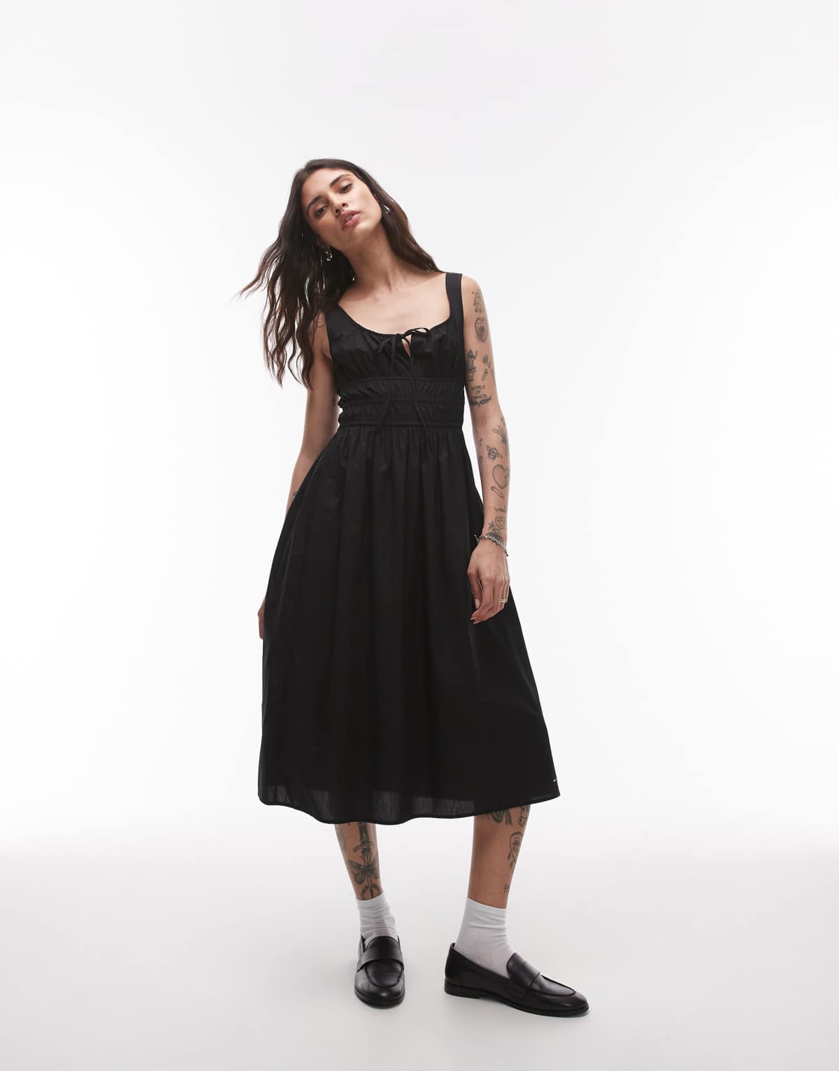 Tommy Jeans rouche midi poplin dress in black