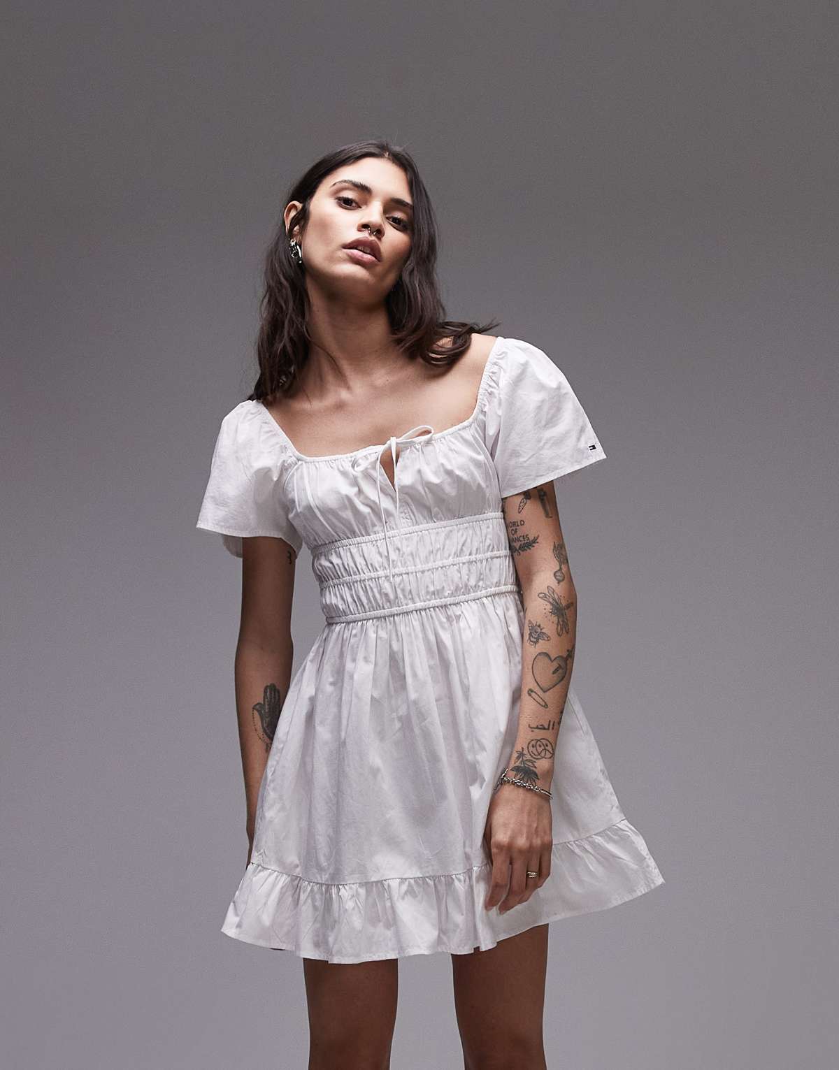 Tommy Jeans rouche midi poplin dress in ecru