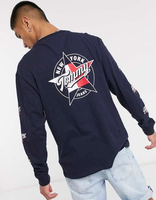Tommy Jeans round front and back logo long sleeve t-shirt in navy | ASOS